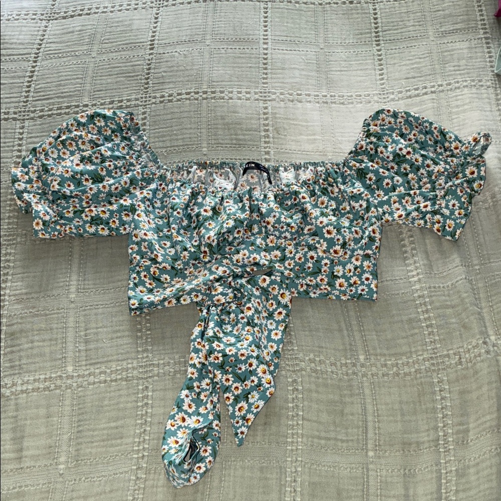 SHEIN Teal Floral Off-Shoulder Crop Top